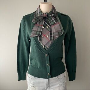 Psalter 100% Wool Knit Cardigan Sweater Pussybow Forest Green Plaid Tartan Prep
